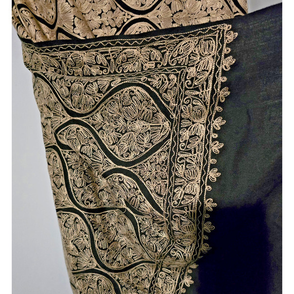 Kashmiri Embroidered Wool Shawl Wrap Stole Black Beige Embellished Women 28 x 80 - Picture 8 of 9